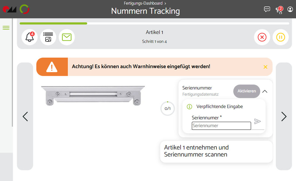 Softwareoberfläche eines Arbeitsschritts im Werkerassistenzsystems